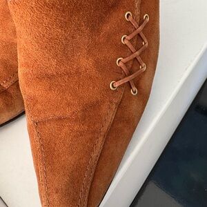 Mustard Brown suede leather high heels real sole hand made shoes Sz 6